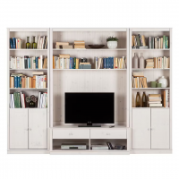 Kit com 3 estantes com portas nas laterais em Madeira Maciça – na cor branco lavado | Coleção Biblioteca